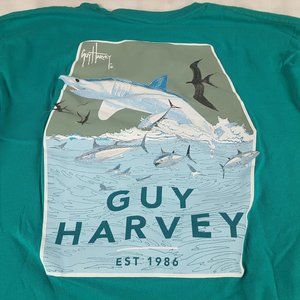 Guy Harvey Shirt Men's Medium Blue Long Sleeve Fishing Shark w/Pocket